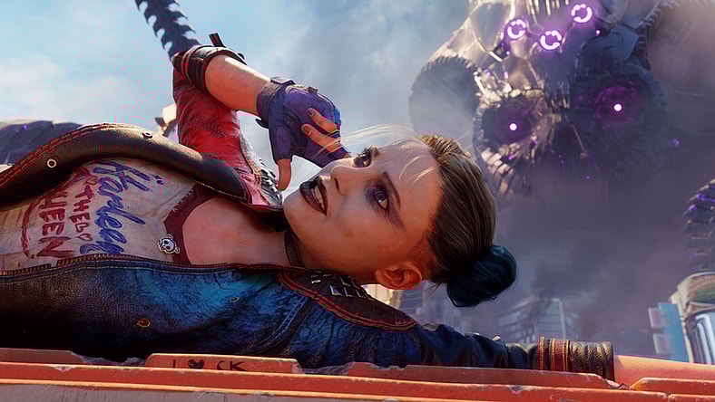 Harley Quinn talks on her earpiece as a Braniac ship looms in the background via Suicide Squad: Kill the Justice League (2023), Rocksteady Games