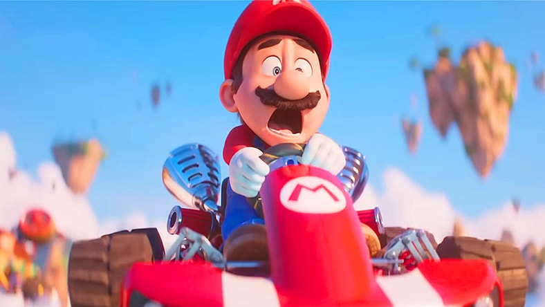 Mario (Chris Pratt) gets air while racing on Rainbow Road in The Super Mario Bros. Movie (2023), Illumination Entertainment