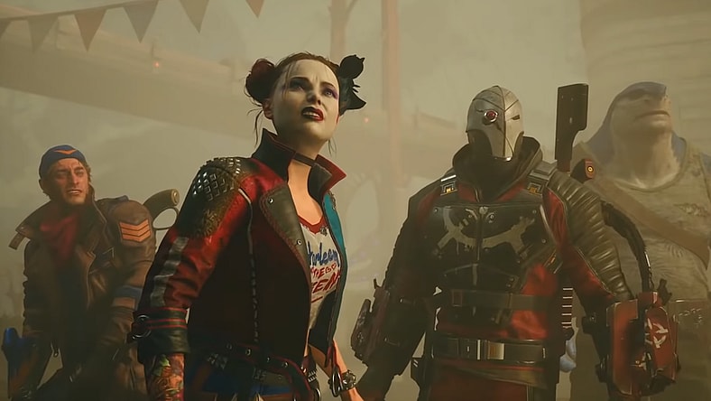 Captain Boomerang, Harley Quinn, Deadshot, and King Shark stare in confusion through dust and debris via Suicide Squad: Kill the Justice League (2023), Warner Bros. Games