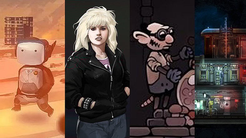 A variety of screenshots from Life of Delta, Rough Justice '84, Potion Tycoon, and Barotrauma via Daedalic Entertainment