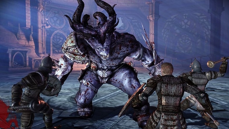 The party faces off against an Ogre via Dragon Age: Origins (2009), EA