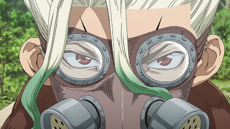 Senku (Yūsuke Kobayashi) masks up in the trailer to Dr. Stone: New World (2023), TMS Entertainment