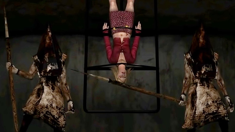 Maria is moments away from meeting her fate at the heads of Pyramid Head in Silent Hill 2 (2001), Konami