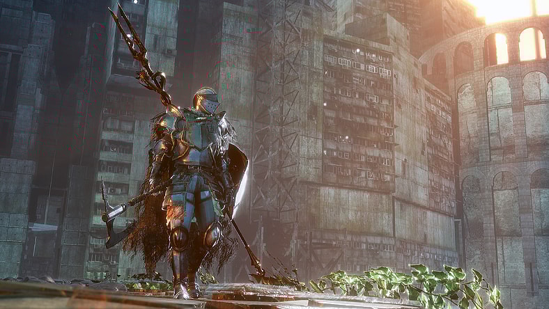 A knight walks through the ruins of a modern city within the Omnistructure, as light shines down on them via Bleak Faith: Forsaken (2023), Archangel Studios