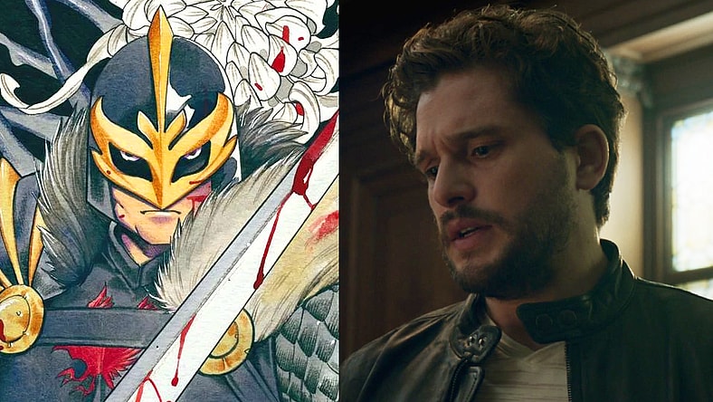 Dane Whitman as depicted on Peach Momoko's variant cover to Black Knight: Curse of the Ebony Blade Vol. 1 #1 (2021), Marvel Comics / Dane Whitman (Kit Harrington) confronts his family's history in Eternals (2021), Marvel Entertainment