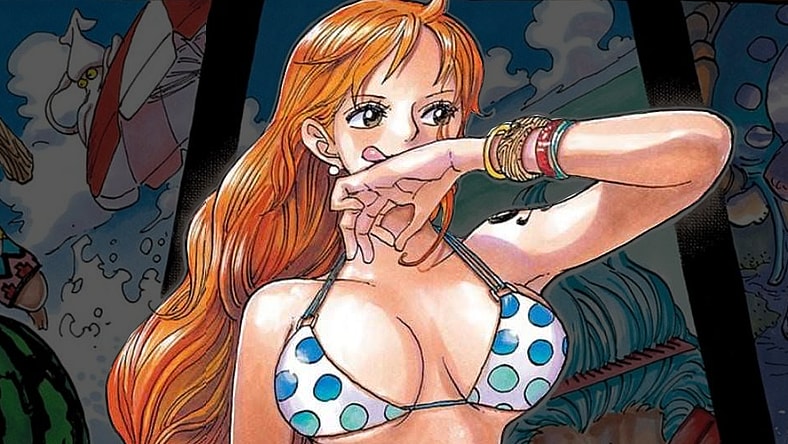 Nami appears with her crew mates on Eiichiro Oda's color spread to One Piece Ch. 916 (2018), Shueisha