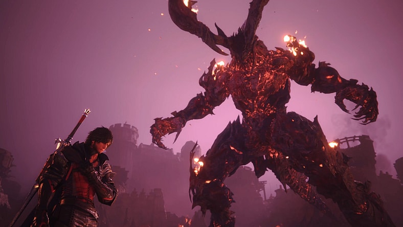 Clive Rosfield (Yuma Uchida) stands before the might of Ifrit in Final Fantasy XVI (2023), Square Enix