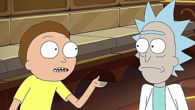 Rick and Morty (Justin Roiland) find themselves aboard the Story Train in Rick and Morty Season 4 Episode 6 "Never Ricking Morty" (2020), Adult Swim