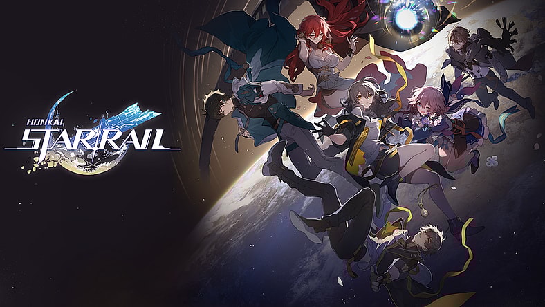 The logo for Honkai: Star Rail, with numerous characters floating above a planet via HoYoverse