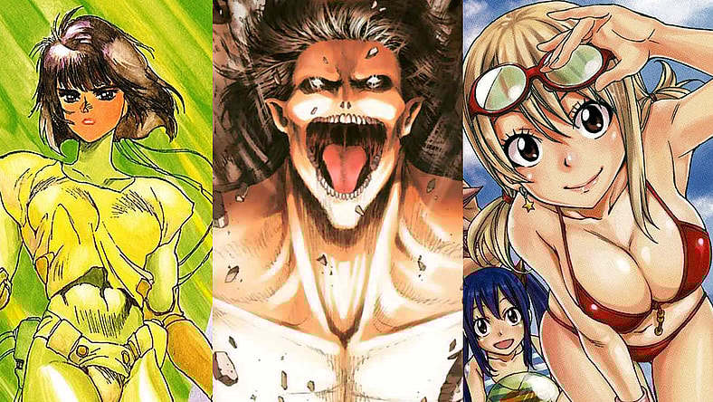 Major Kusanagi stands at the ready on Masamune Shirow's cover to Ghost in the Shell Ch. 8 "Dumb Barter" (1990), Kodansha / Eren Yeager bellows on Hajime Isayama's cover to Attack on Titan Vol. 25 (2018), Kodansha / Lucy Heartfila and Wendy Marvell hit the beach on Hiro Mashima's cover to the Fairy Tail: Fantasia Artbook (2012), Kodansha