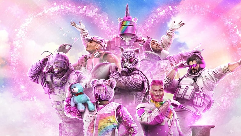 Montagne, Sledge, Thatcher, Tachanka, Smoke, Buck, Kaid, and Blackbeard pose in their Rainbow is Magic gear- surrounded by rainbows and pink sparkles via Tom Clancy's Rainbow Six: Siege (2015) Ubisoft