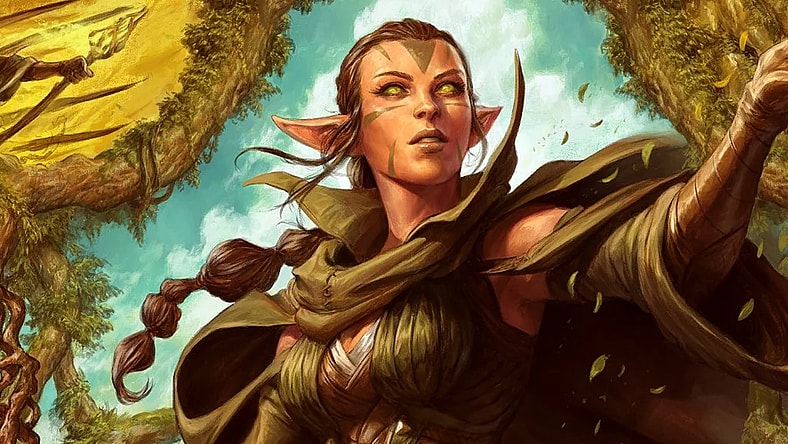 Nissa of Shadowed Boughs via Card #283, Zendikar Rising (2020), Wizards of the Coast. Art by Dave Rapoza.