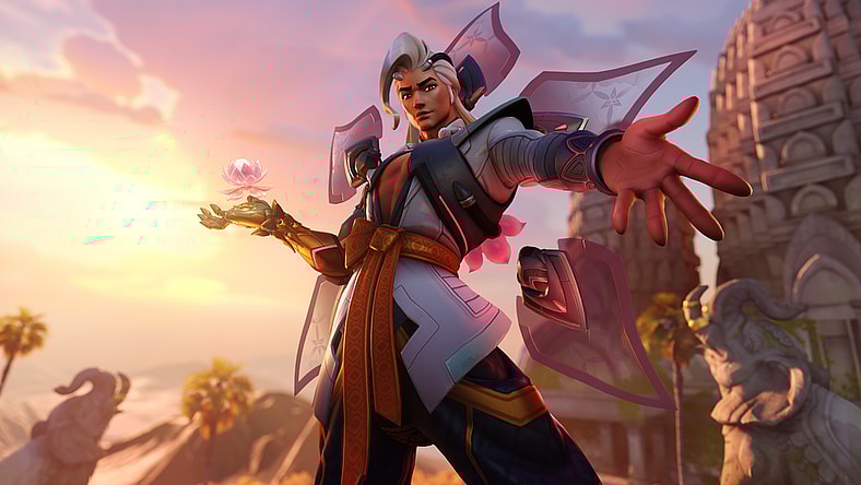 Lifeweaver poses before the setting sun via Overwatch 2 (2022), Blizzard Entertainment