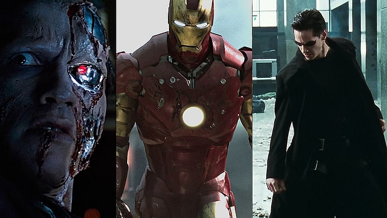 Split image of 'The Terminator,' 'Iron Man' and 'The Matrix'