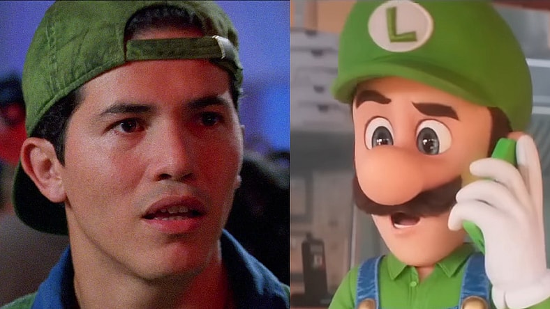 Luigi (John Leguizamo) looks to Mario (Bob Hoskins) for help in Super Mario Bros. (1993), Walt Disney Studios / Luigi (Charlie Day) answers a business call in The Super Mario Bros. Movie (2023), Illumination Entertainment