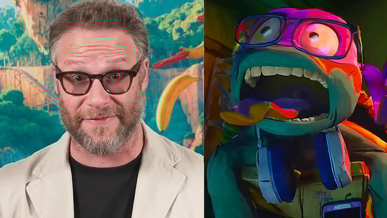 Seth Rogen talks to Collider about his role as Donkey Kong in 'The Super Mario Bros. Movie' / Donatello (Micah Abbey) screams in pain after being stabbed by a sai in the first trailer for Teenage Mutant Ninja Turtles: Mutant Mayhem (2023), Paramount Pictures