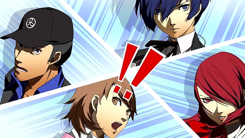 Makoto Yuki (Akira Ishida), Yukari Takeba (Megumi Toyoguchi), Junpei Iori (Kohsuke Toriumi) and Mitsuru Kirijo (Rie Tanaka) prepare to unleash an all-out attack in Persona 3: Portable (2006), Atlus