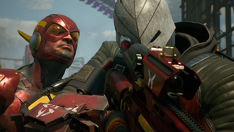 The Flash peers over Deadshot's shoulder, the latter oblivious to his presence via Suicide Squad: Kill the Justice League (2023), Rocksteady Games