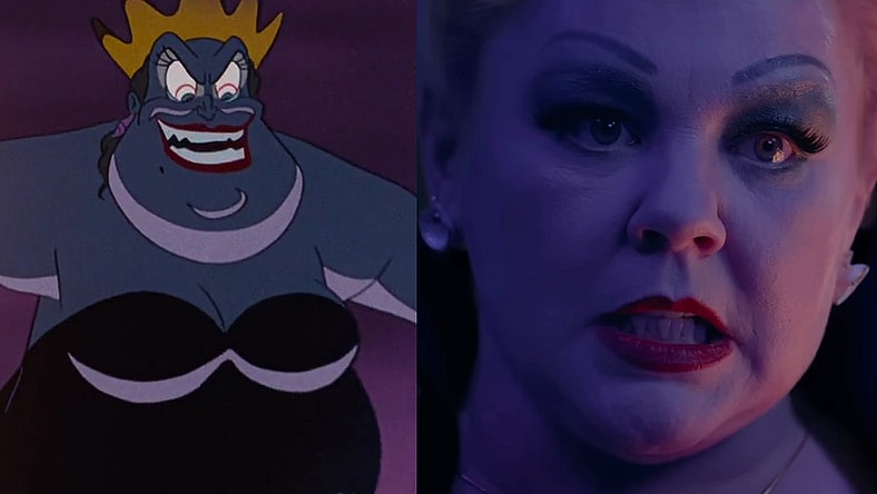 Ursula (Pat Carroll) rises in The Little Mermaid (1989), Walt Disney Studios / Ursula (Melissa McCarthy) confronts Ariel (Halle Bailey) in The Little Mermaid (2023), Walt Disney Studios