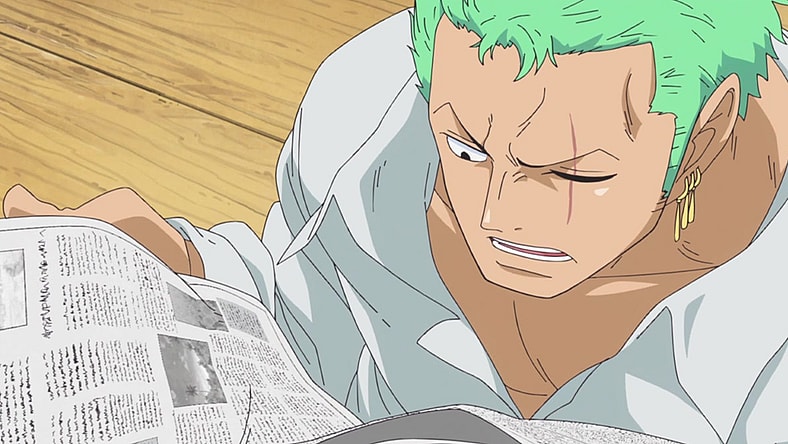 Roronoa Zoro (Kazuya Nakai) receives some shocking news in One Piece Episode 746 "The Numerous Rivals Struggle Amongst Themselves - The Raging Monsters of the New World" (2016), Toei Co. Ltd.