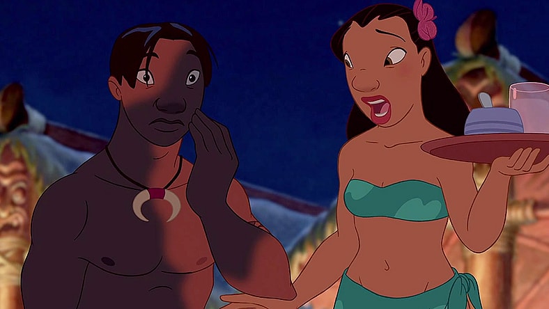 David Kawena (Jason Scott Lee) realizes he's covered in black soot in Lilo & Stitch (2002), Walt Disney Studios