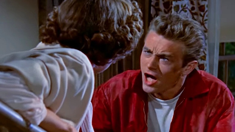 Jim Stark (James Dean) tries explaining his responsibility to his mother Carol (Ann Doran) in Rebel Without A Cause (1955), Warner Bros. Pictures
