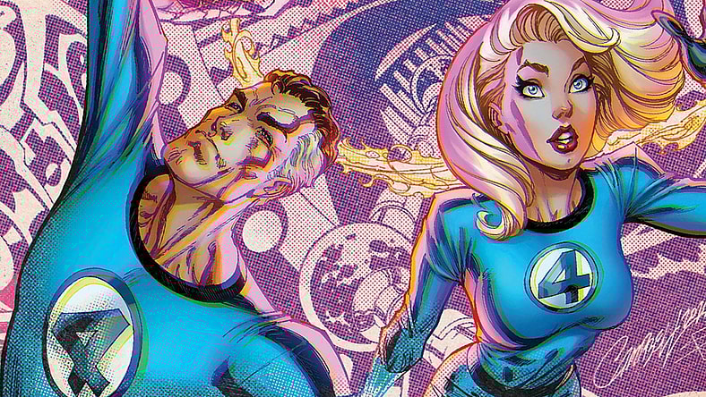 Reed Richards, Sue Storm, Johnny Storm, and Ben Grimm feel Jack Kirby's influence on J. Scott Campbell's variant cover to Fantastic Four Vol. 7 #1 "The Last Town On The Left" (2023), Marvel Comics