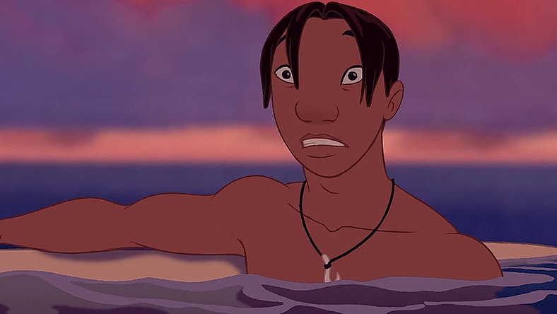 David Kawena (Jason Scott Lee) is asked a question by Captain Gantu (Kevin Michael Richardson) in Lilo & Stitch (2002), Walt Disney Studios