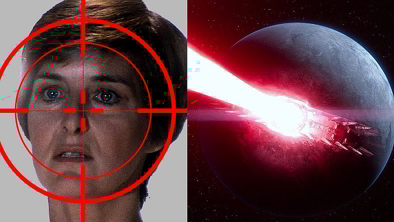 Split image of Mon Mothma and Starkiller Base from 'Star Wars,' Disney