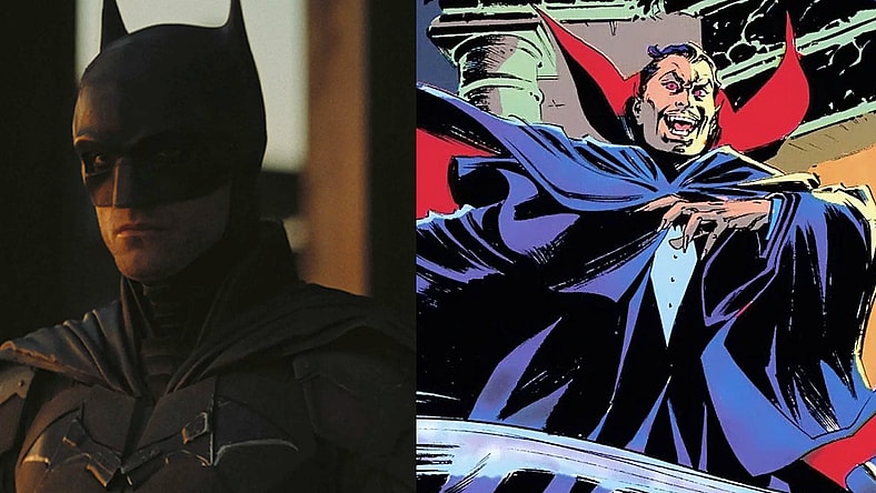 Bruce Wayne (Robert Pattinson) speaks with Selina Kyle (Zoë Kravitz) in The Batman (2022), Warner Bros. Pictures / Dracula appears in Marvel Fanfare Vol. 1 #45 (1989), Marvel Comics