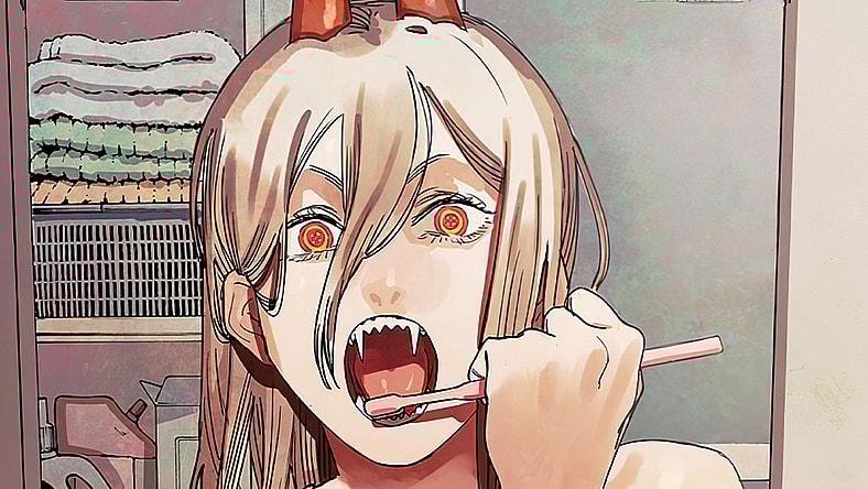 Power brushes her teeth on Tatsuki Fujimoto's cover to Chainsaw Man Ch. 29 "Perfect Score" (2019), Shueisha