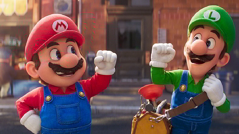 (from left) Mario (Chris Pratt) and Luigi (Charlie Day) in Nintendo and Illumination’s The Super Mario Bros. Movie, directed by Aaron Horvath and Michael Jelenic.