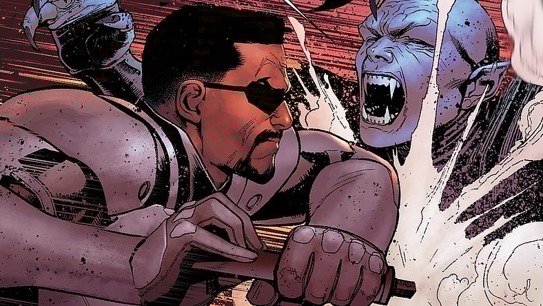 Blade drives a stake through a vampire in Avengers Vol. 8 #14 "The Fall of Castle Dracula" (2019), Marvel Comics. Art by David Marquez and Matthew Wilson.