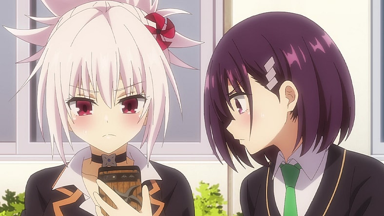 Matsuri Kazamaki (Shōya Chiba/Miyu Tomita) and Suzu Kanade (Kana Ichinose) receive an update in Ayakashi Triangle Season 1 Episode 6 "Those Who See, and Those Who Can't" (2023), Connect