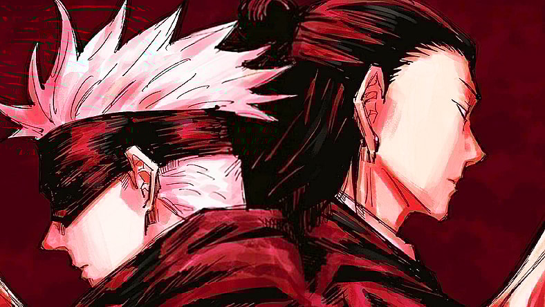 Satoru Gojo and Suguru Geto stand back-to-back on Gege Akutami's cover page to Jujutsu Kaisen Ch. 85 "The Shibuya Incident, Part 3" (2019), Shueisha