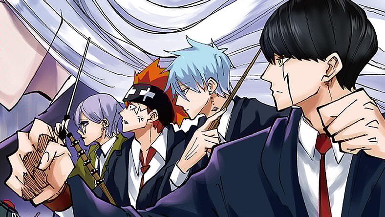 Mash and crew prepare to brawl on Hajime Kōmoto's cover to Mashle: Magic and Muscles Vol. 8 (2022), Shueisha