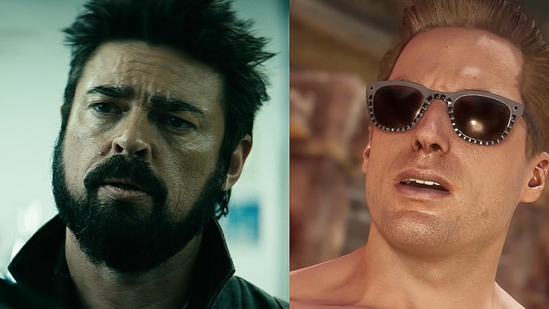 Butcher (Karl Urban) has some news for Hughie (Jack Quaid) in The Boys Season 3 Episode 8 “The Instant White-Hot Wild” (2022), Amazon Studios / Johnny Cage (Andrew Bowen) takes a call from his agent in Mortal Kombat 11 (2019), NetherRealm Studios