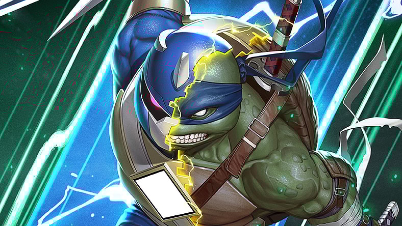 Leonardo accesses the Morphin' Grid on In-Hyuk Lee's variant cover to Mighty Morphin Power Rangers/Teenage Mutant Ninja Turtles II Vol. 1 #1 (2023), BOOM! Studios/IDW Publishing