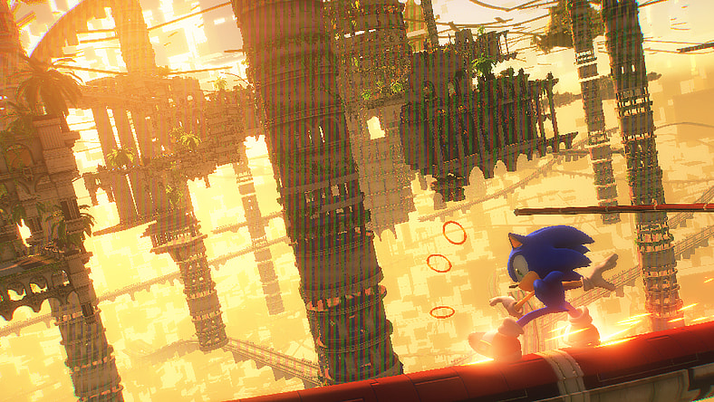 Sonic grinds through a cyberspace version of Sky Sanctuary Zone at sunset via Sonic Frontiers (2022), Sega