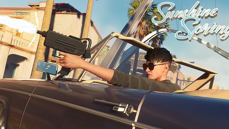 The Boss shoots an uzi while driving their car by the Sunshine Springs archway via Saint Row (2022), Deep Silver