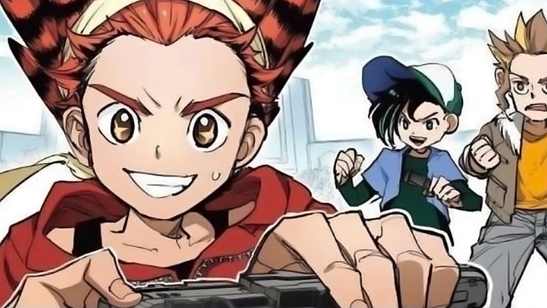 Beyblade Battle in Beyblade X Chapter 1 Preview (2023), Shogakukan. Words by Homura Kawamoto and Hikaru Muna Art by Posuka Demizu via Twitter