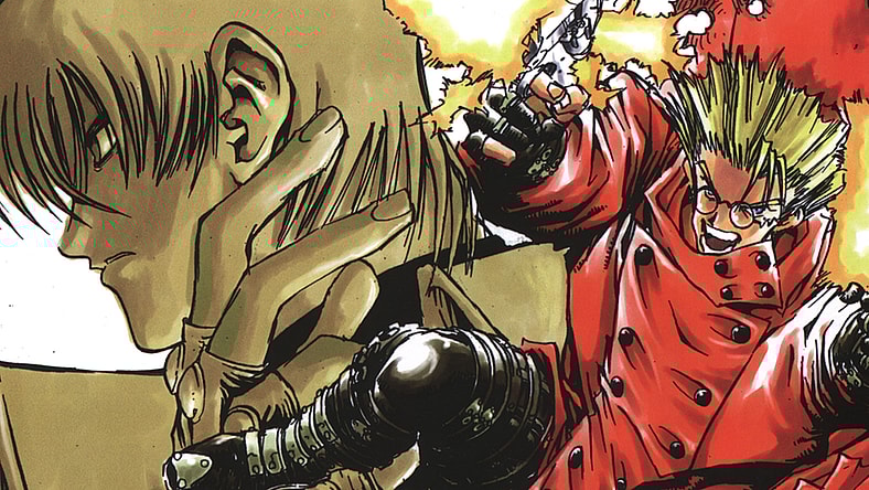 Trigun and Knives accept their fates are intertwined in Yasuhiro Nightow's cover illustration for Shonen Captain Comics Special [Trigun] Vol. 3