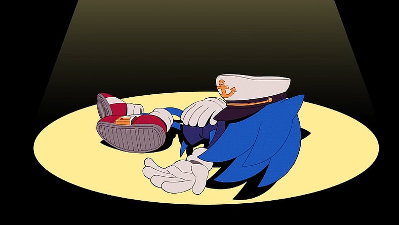 Sonic, dressed in a captain's uniform, slumped on the ground under a spotlight in The Murder of Sonic the Hedgehog (2023), Sega