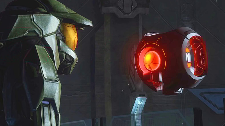 343 Guilty Spark (Tim Dadabo) refuses to let Master Chief (Steve Downes) prevent the Halo installations from firing in Halo 3 (2007), Bungie