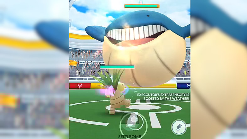 An Exeggutor fights a giant Wailmer in a Raid in Pokémon Go (2016), Niantic