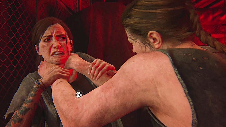 Ellie (Ashley Johnson) is strangled by Abby Anderson (Laura Bailey) in The Last of Us II (2020), Sony Interactive Entertainment