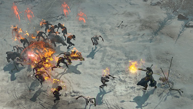 The player sets ghouls alight in the snow in Diablo IV (2023), Blizzard Entertainment