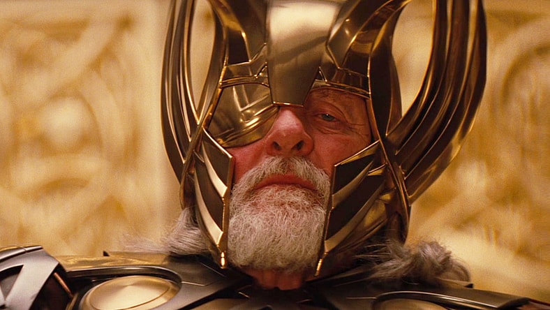 Odin (Anthony Hopkins) presides over Asgard in Thor (2011), Marvel Entertainment