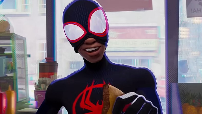 Miles Morales (Shamiek Moore) enjoys a snack while confronting The Spot (Jason Schwartzman) in Spider-Man: Across the Spider-Verse (2023), Sony Animation