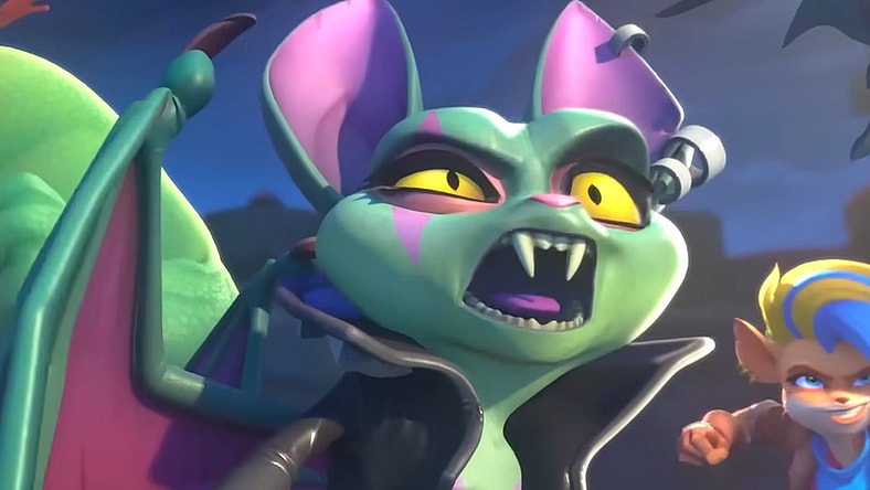 Catbat (Erika Ishii) watches on as Crash Bandicoot (Scott Whyte) goes for the dunk in Crash Team Rumble (2023), Toys For Bob